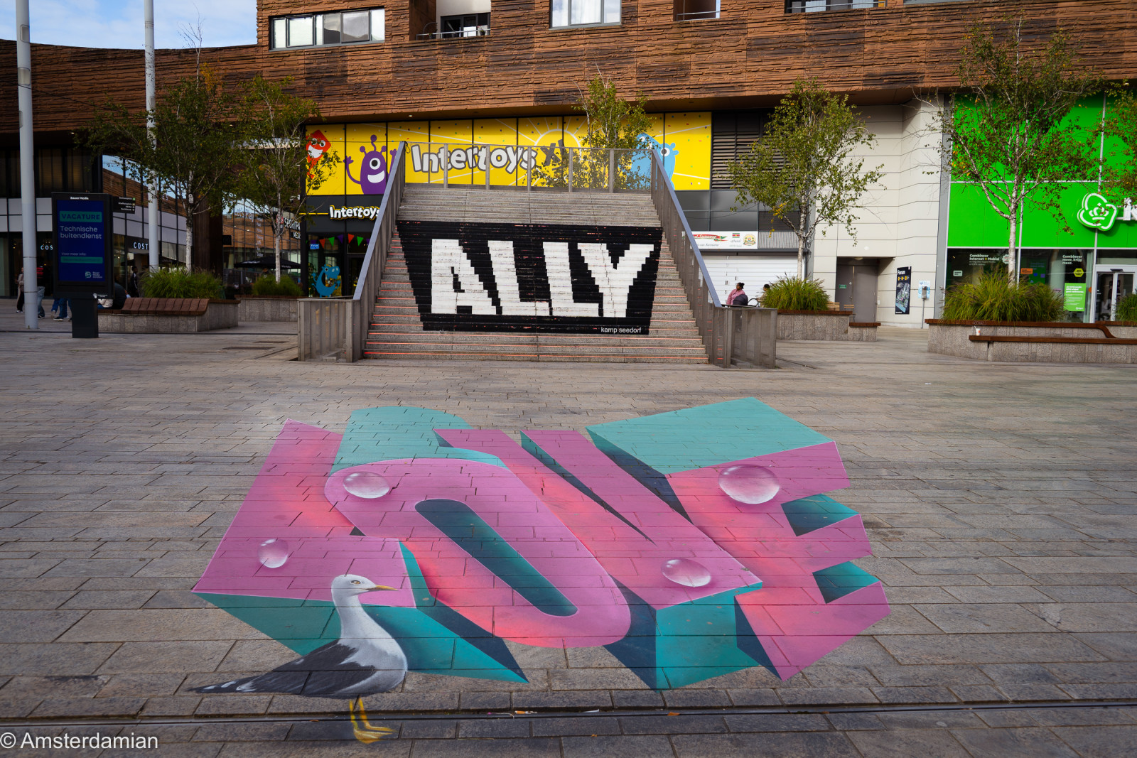 3D 'LOVE' street painting with a seagull in front of the ALLY steps, Almere