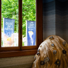 Sculpture beside banners announcing the new ARTIS Aquarium