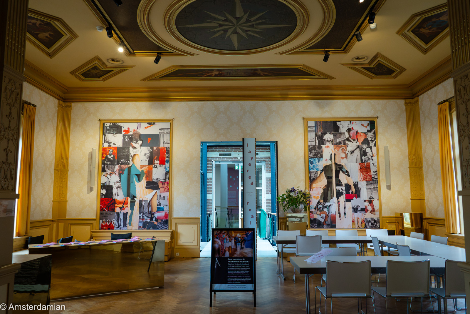 Historic room with an ornate ceiling and large collages, Fotomuseum Hilversum