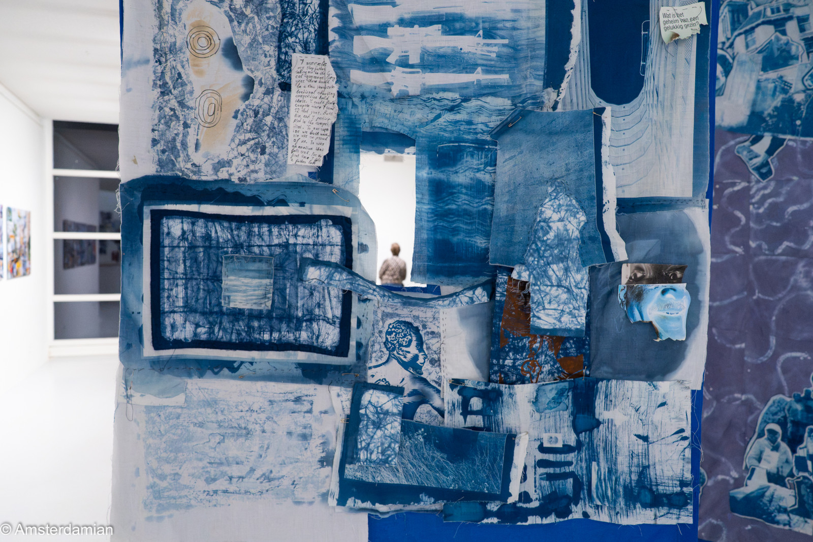 Close-up of a blue cyanotype collage textile at Fotomuseum Hilversum