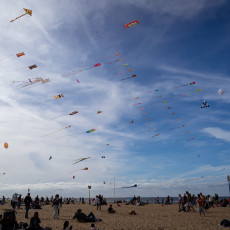 Dozens of kites in the sky above the crowd on Scheveningen beach