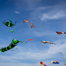 Green caterpillar kite and other kites against a blue sky