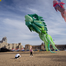 Green dragon kite with the Kurhaus in the background