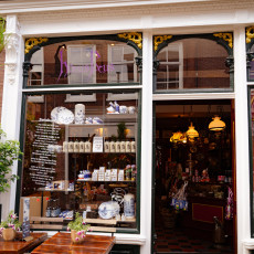 Shop window with blue-and-white pottery