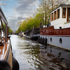 Houseboat on an Amsterdam canal, seen from the water