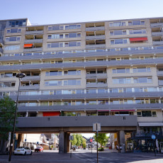 A modernist apartment block above the street