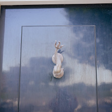 Fish-shaped door knocker on a dark front door in Veere