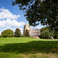 The Grote Kerk seen across a green meadow in Veere