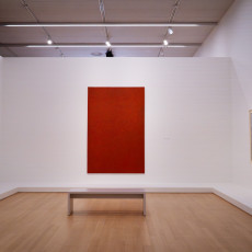 A large red canvas alone on a white wall in the Kusama exhibition