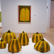 Kusama's yellow polka dot pumpkins below a painting of a pumpkin