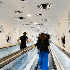 Mirrored discs above the escalator at the Stedelijk during the Kusama exhibition