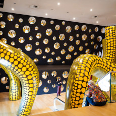 Yellow polka dot tentacles curving past a dark wall of round mirrors