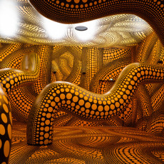 Yellow and black dots covering the walls, floor and ceiling of Kusama's installation