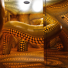 Kusama's tentacle installation multiplied in the mirrored wall of the room