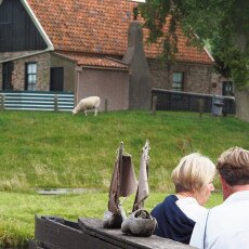 Visitors on a bench looking across the grass to the houses of the Zuiderzee Village