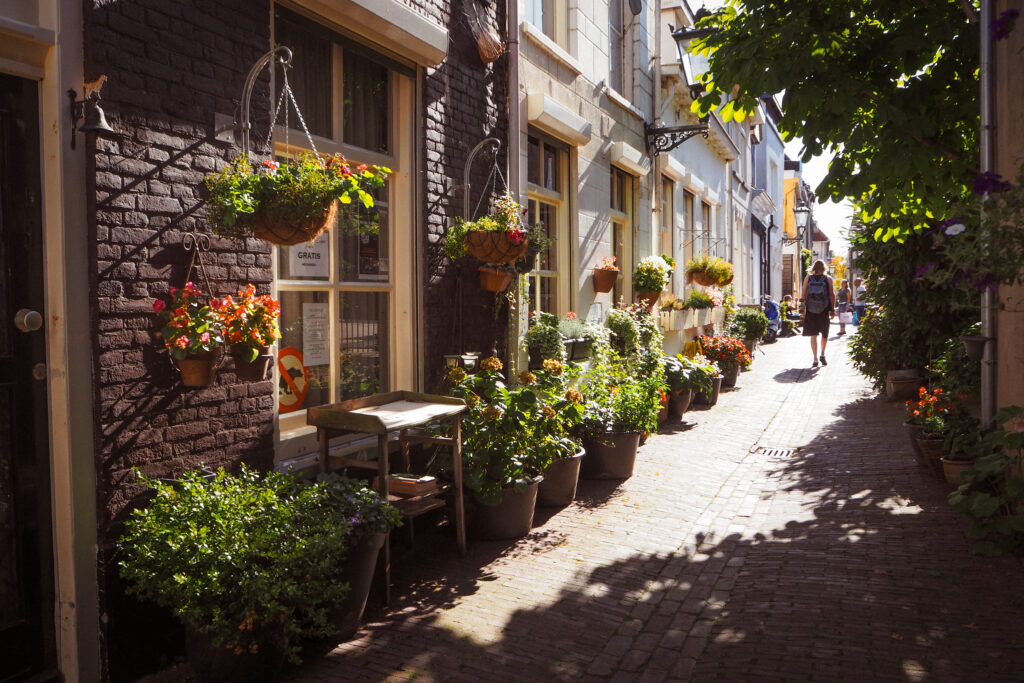 Summer light on a street in Kampen, flower pots and cosy atmosphere