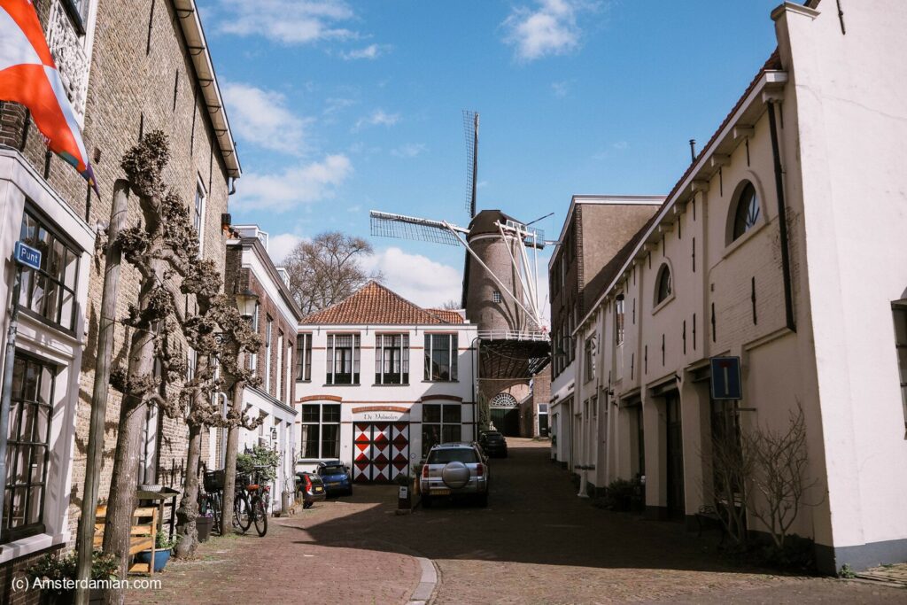 Small street in Gouda with windmill