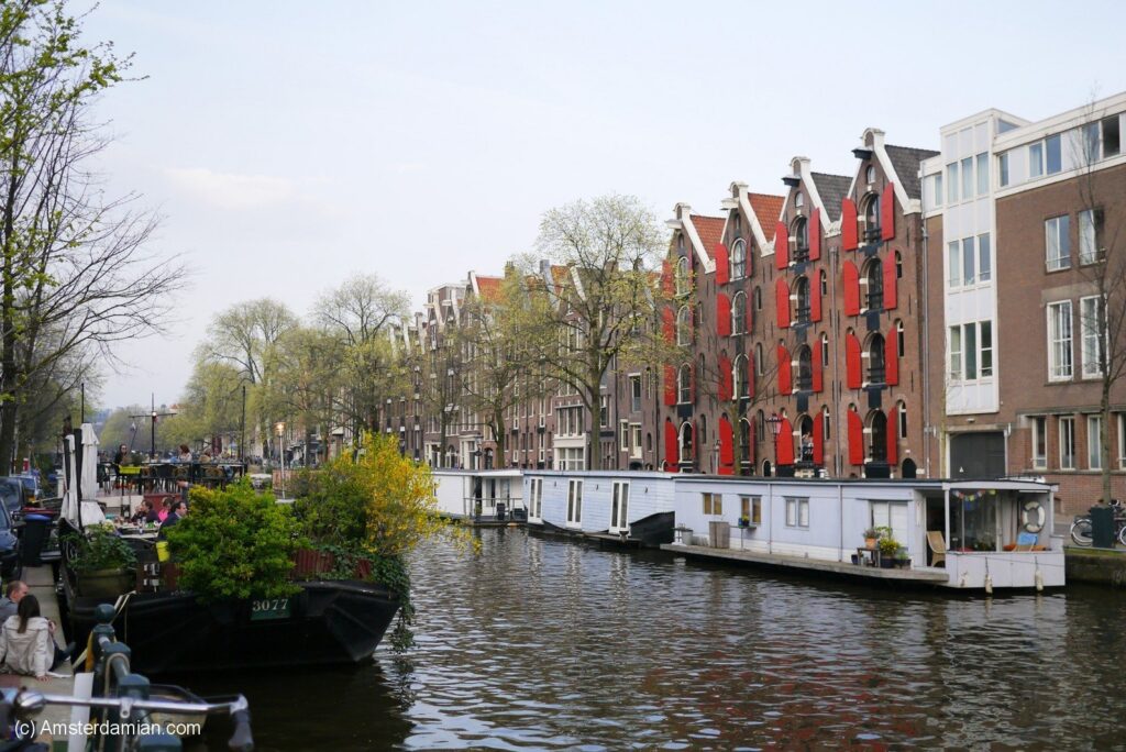A serene canal scene in Amsterdam features red shutters on buildings, green trees, and a white houseboat adorned with potted plants under a cloudy sky
