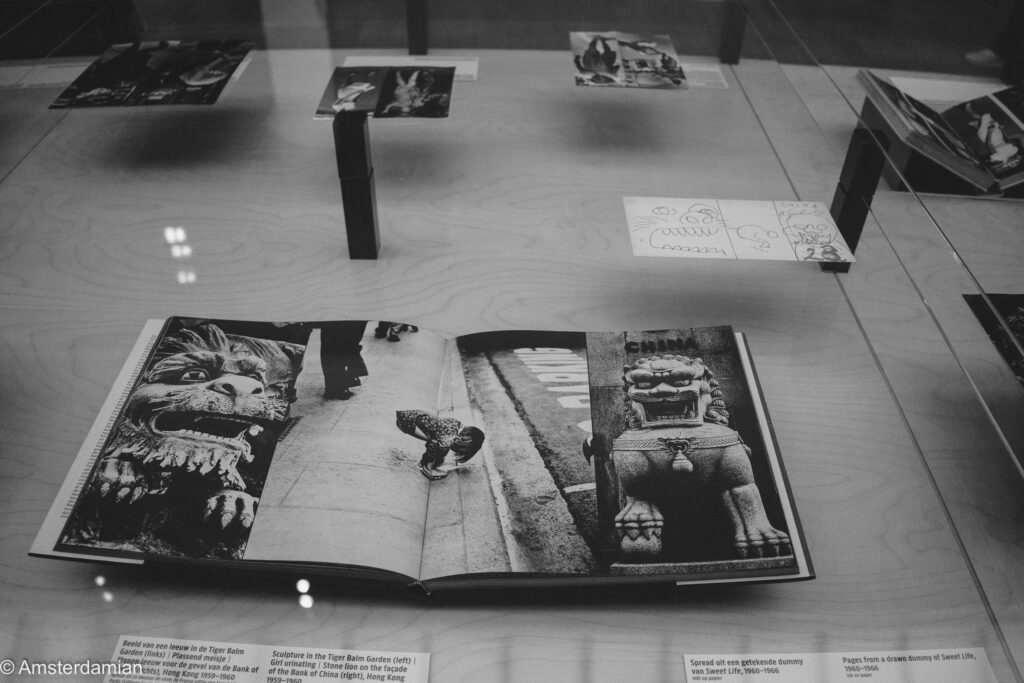 A glass case holding an open Van der Elsken photo book and book dummies, the spread showing stone lion sculptures photographed in Hong Kong.