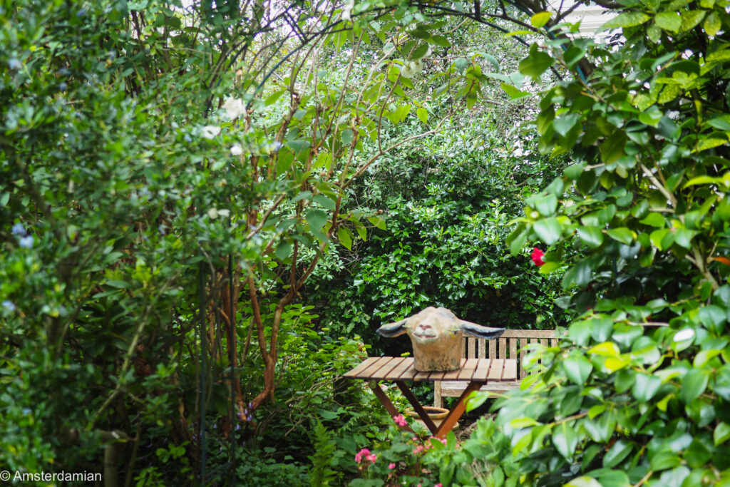 A statue on a wooden table surrounded by greenery in an Amsterdam canal garden