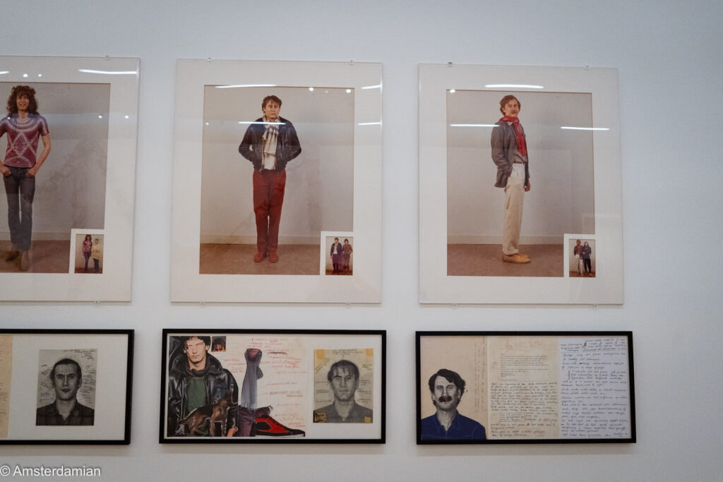 Three De ideale man portraits with the women's annotated notes framed below
