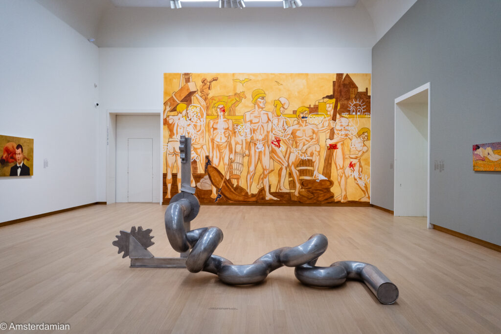 Lucy McKenzie's graffitied mural of workers behind a giant twisted metal chain