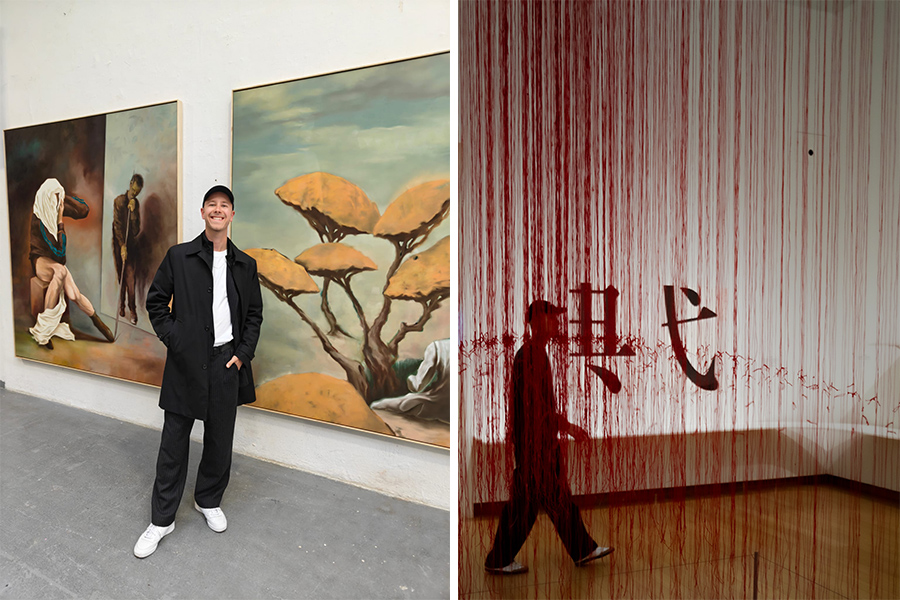 Jasha Berkenbosch with large paintings in a gallery, next to a red thread installation