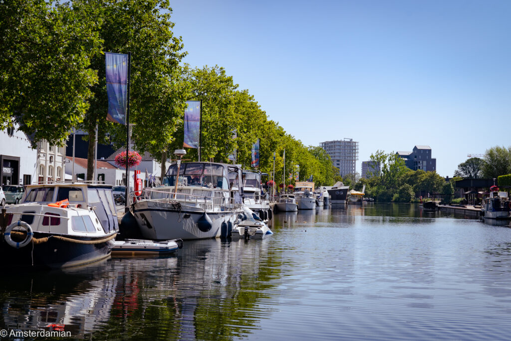 Boats moored under trees along the Piushaven in Tilburg on a summer day