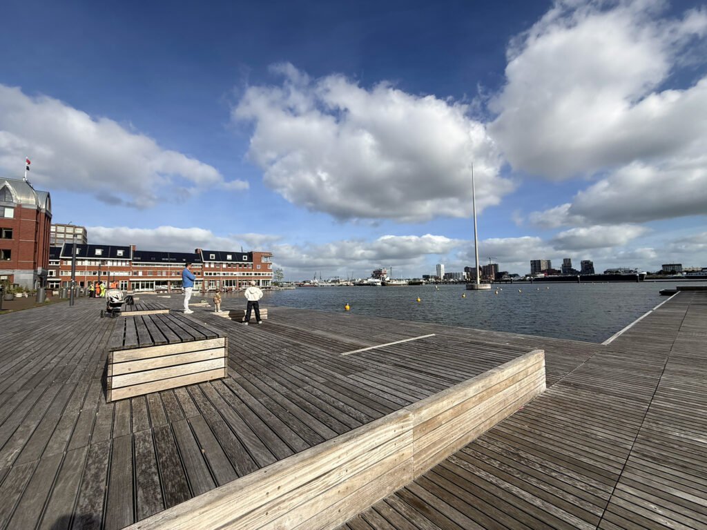 The wooden pontoo at Het Eikenhout in Houthavens Amsterdam