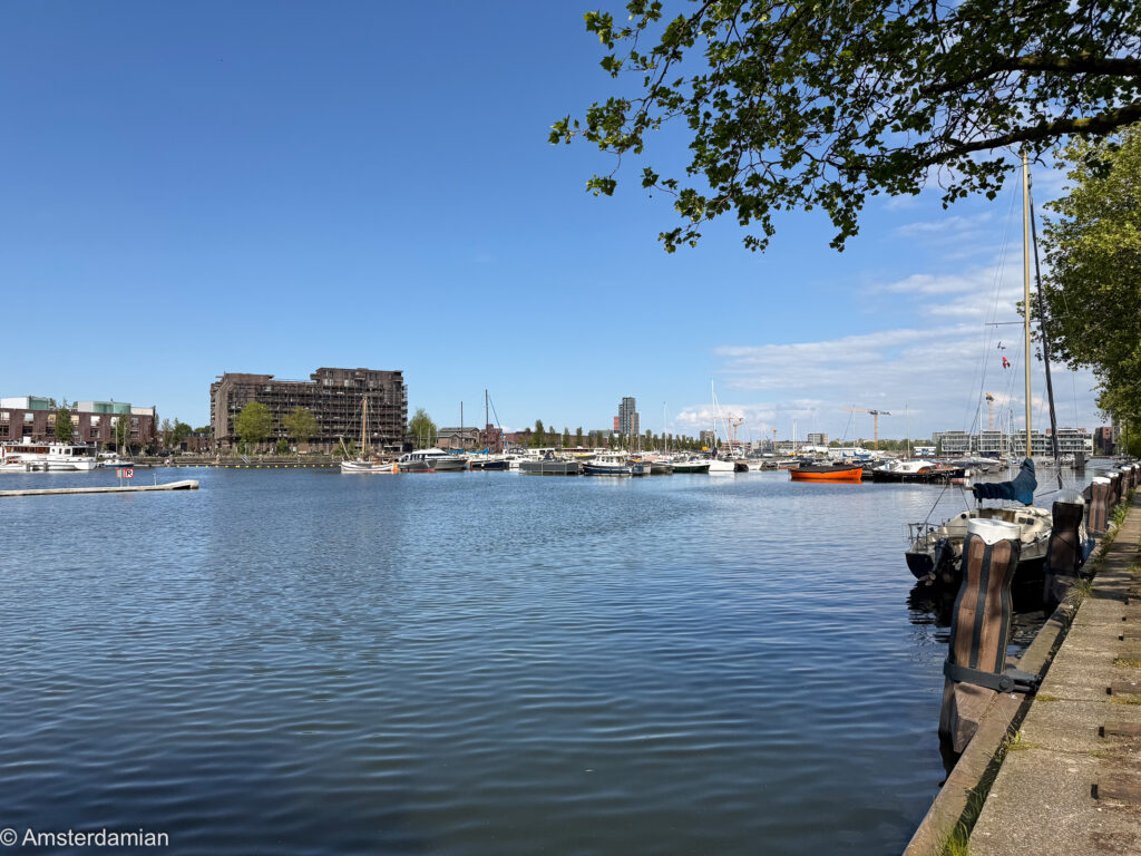 Boats moored in the Entrepothaven, view from Zeeburgerkade Amsterdam