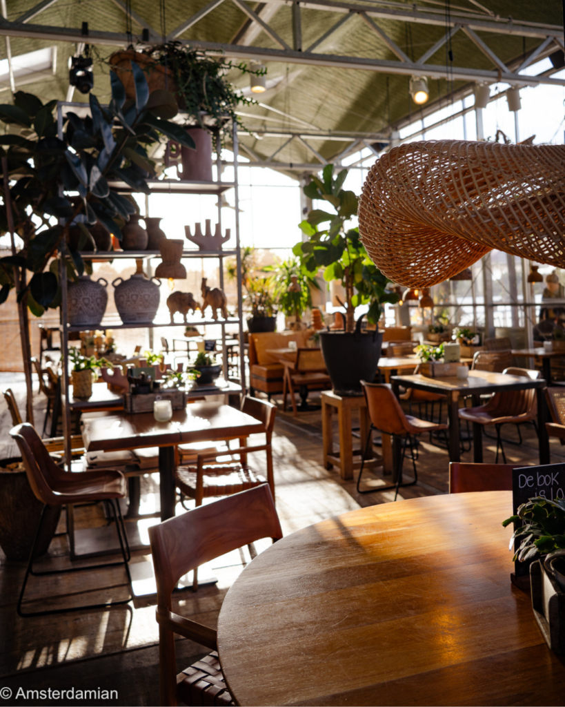 Glasshouse-style interior with plants and wooden tables at SUNDAY, Amstelveen