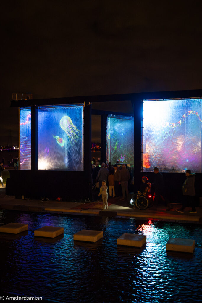 Glowing jellyfish projections by the water at the ALLUMINOUS festival in Almere